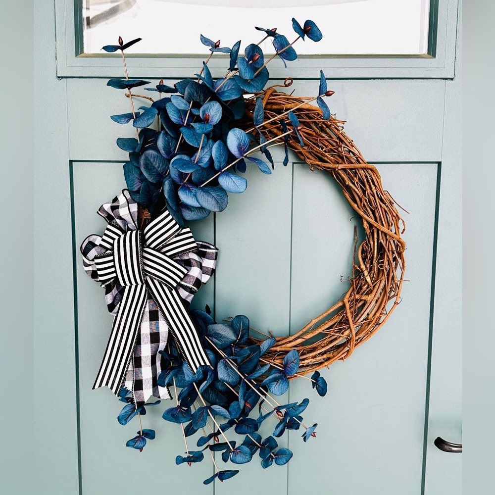 Handmade Grapevine Blue Eucalyptus Wreath w/Black & White Buffalo Check/Striped